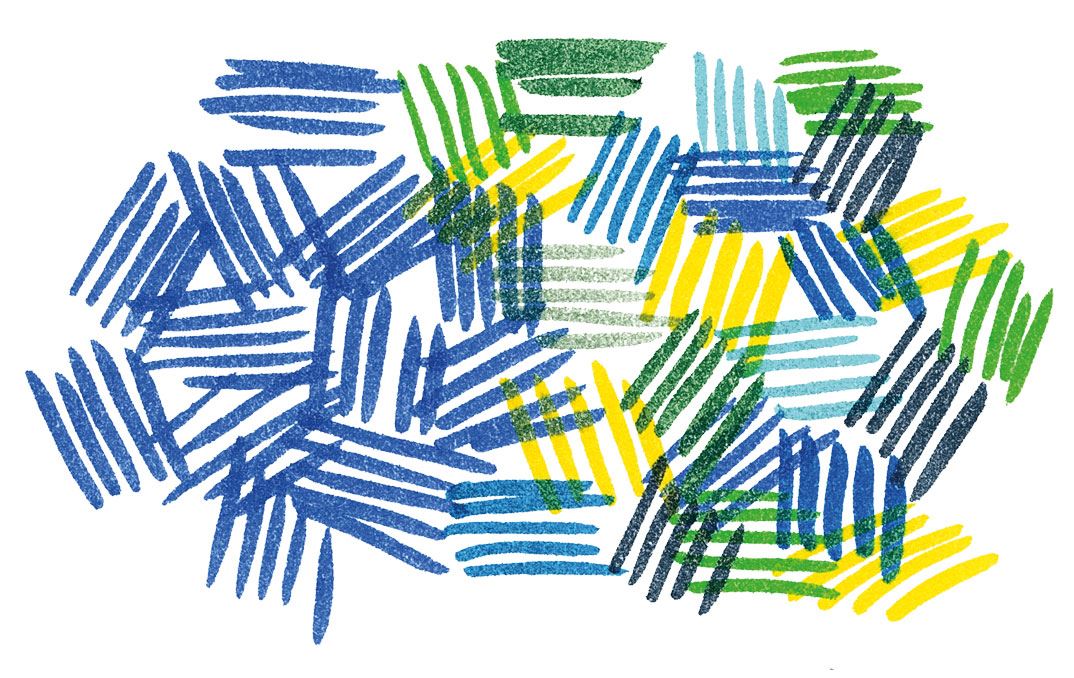 Cross-hatchings in blue, green and yellow.