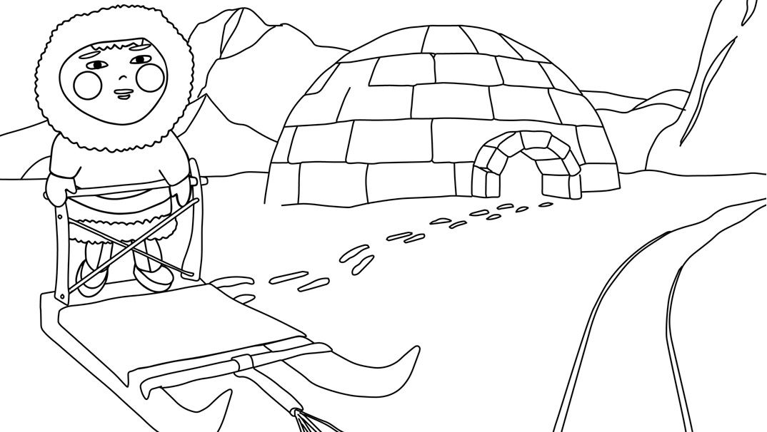 Template of a little boy infront of an iglo