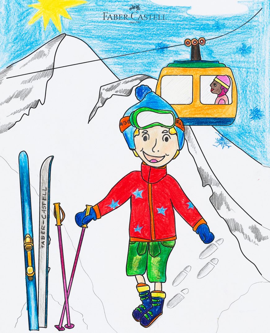 Little boy with ski equipment on a mountain.