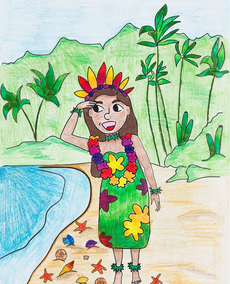 Painting of a young girl at the beach, with green mountains and palms in the background.