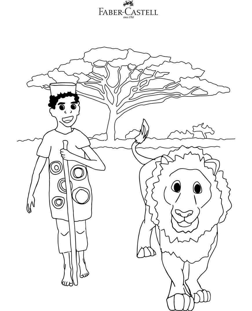 Template of a young boy with a lion and a tree.