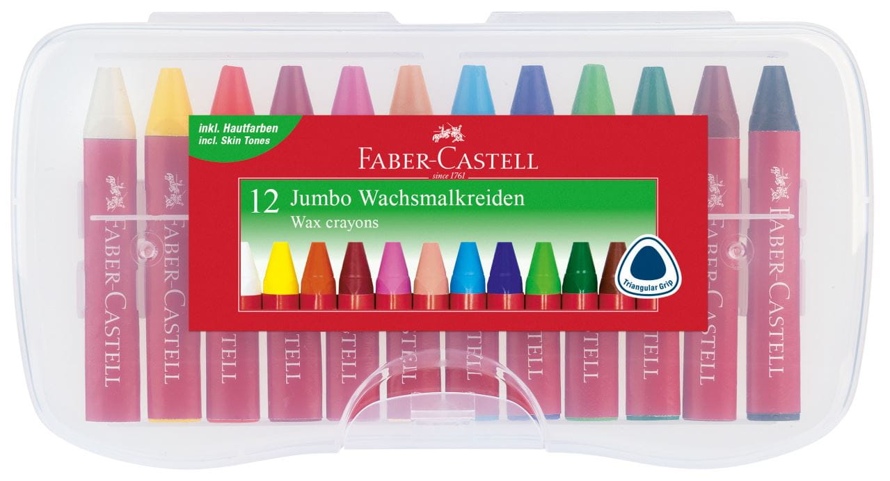 Faber-Castell - Jumbo wax crayon triangular, plastic box of 12