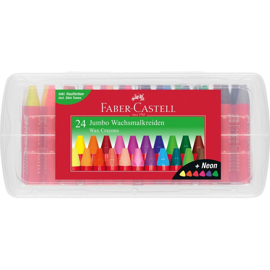 Faber-Castell - Jumbo wax crayon triangular, plastic box of 24
