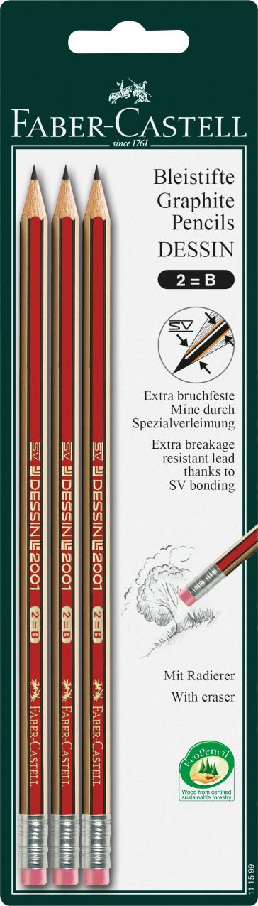 Faber-Castell - Dessin graphite pencil with eraser, B, set of 3