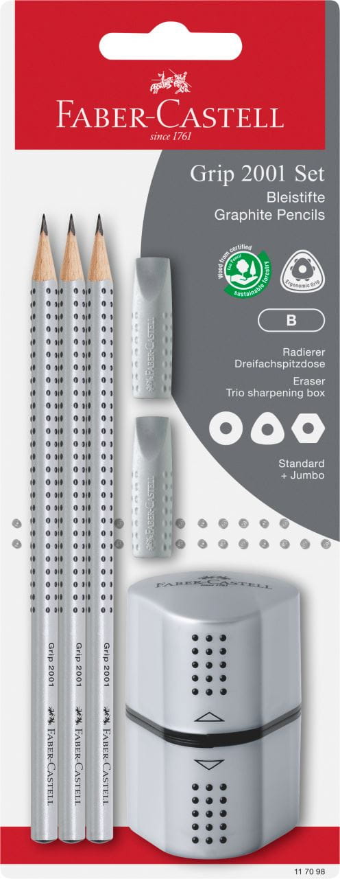 Faber-Castell - Grip 2001 graphite pencil, B, set of 3 pencils, silver