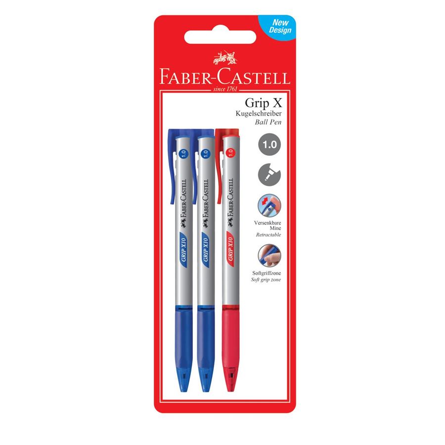 Faber-Castell - Grip X10 ballpoint pen, 1.0 mm, 1x red/2x blue, set of 3