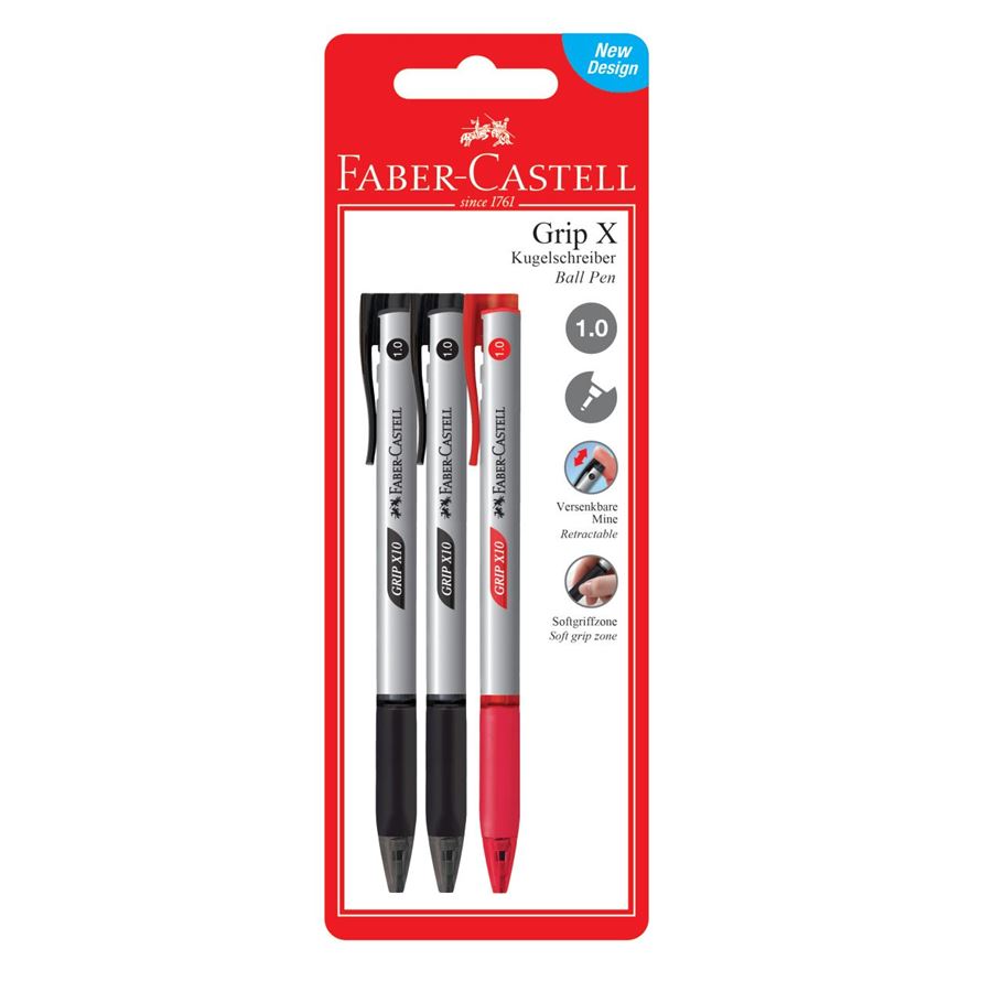Faber-Castell - Grip X10 ballpoint pen, 1.0 mm, 1x red/2x black, set of 3