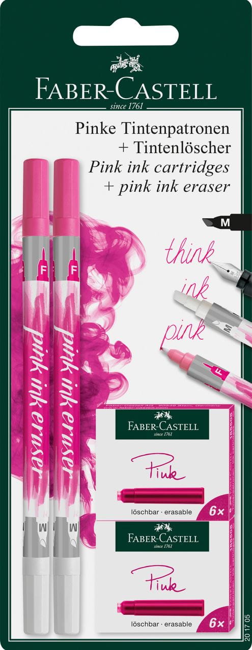 Faber-Castell - Standard ink cartridges and ink eraser set, pink, 14 pieces