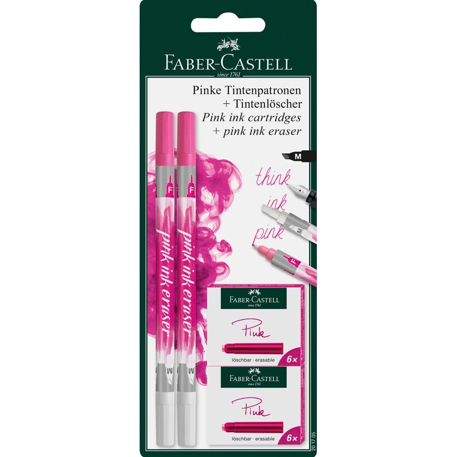 Faber-Castell - Standard ink cartridges and ink eraser set, pink, 14 pieces