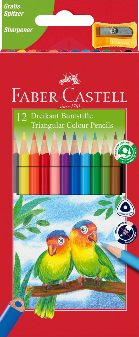 Faber-Castell - Triangular colour pencils, wallet of 12 with sharpener