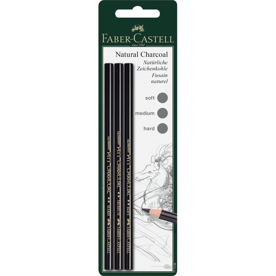 Faber-Castell - Pitt natural charcoal pencil, set of 3, soft, medium, hard
