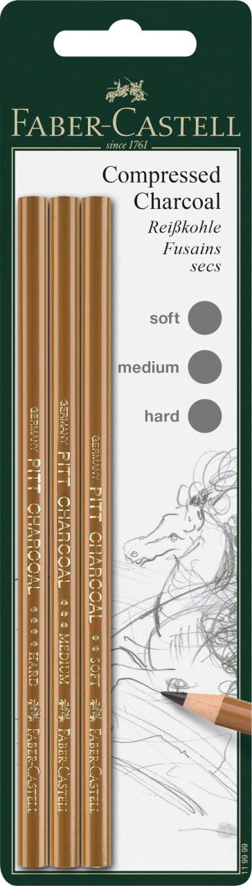 Faber-Castell - Pitt compressed charcoal pencil,set of 3, soft, medium, hard