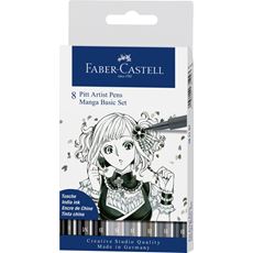 Faber-Castell - Pitt Artist Pen India ink pen, wallet of 8, Manga Basic set