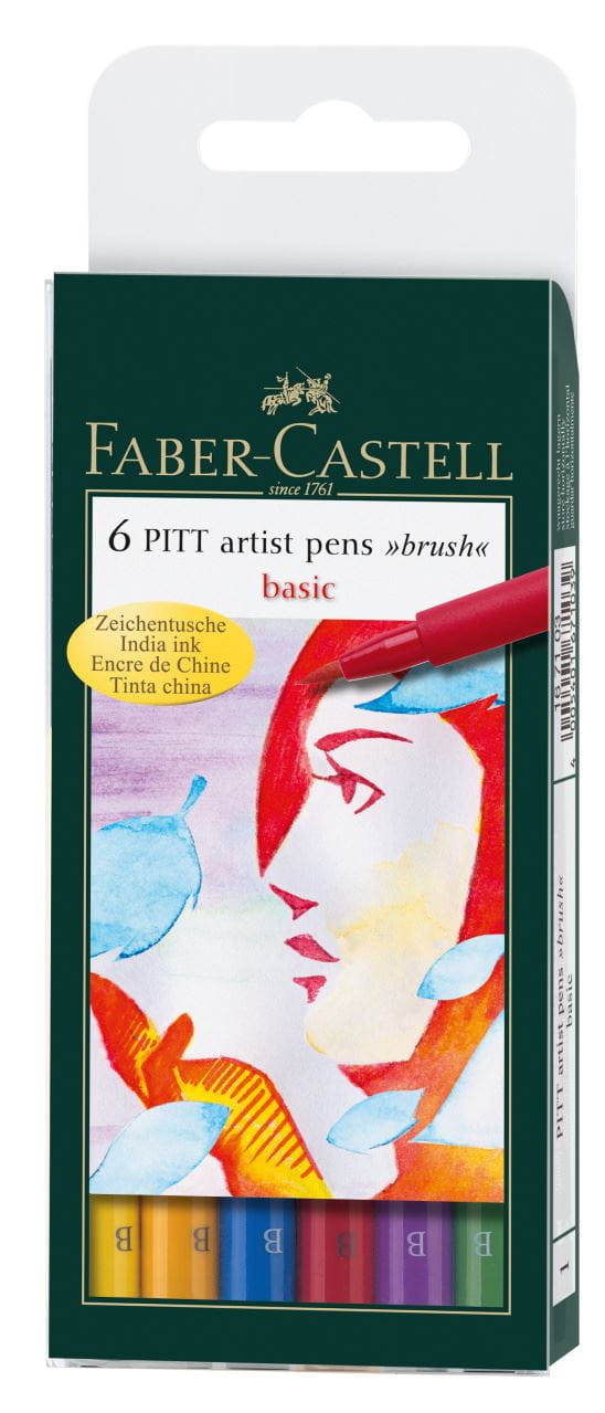 Faber-Castell - Pitt Artist Pen Brush India ink pen, wallet of 6, Basic