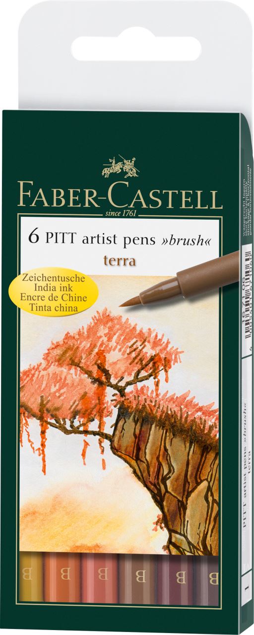 Faber-Castell - Pitt Artist Pen Brush India ink pen, wallet of 6, Terra