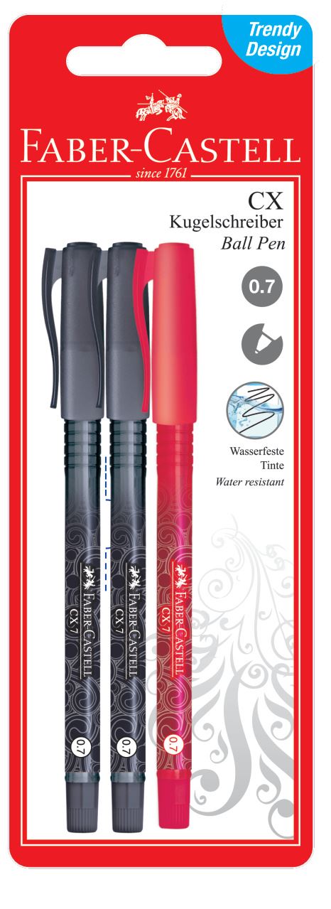 Faber-Castell - CX7 ballpoint pen, 0.7 mm, 2x black/red, set of 3